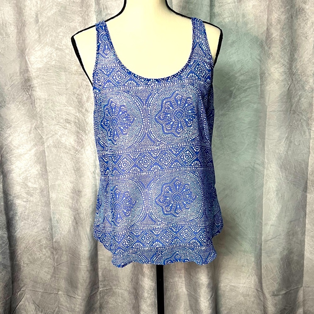 Old Navy Tile Blue Sheer Chiffon Tank Top With Medallion Print - MEDIUM